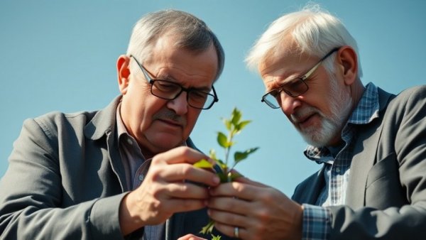 Global water scarcity innovations in agriculture, two men examining plant.