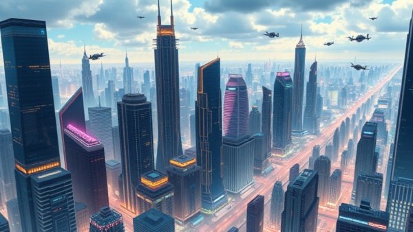 Futuristic cityscape, aerial vehicles, towering skyscrapers, AI for business.