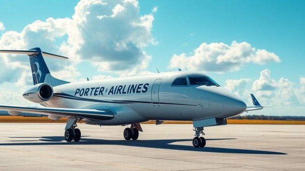 Porter Airlines plane on tarmac under blue sky.
