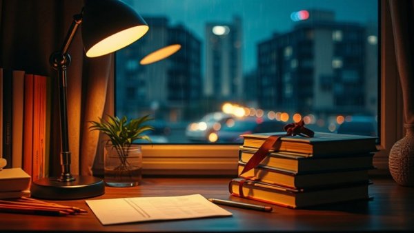 Cozy study desk with warm lamp light by rainy window, AI video creation for kids.