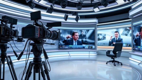 Professional news studio setup with cameras and screens for Africa news.