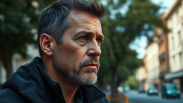 Man standing on a street, 'Love Your Hometown' themed, thoughtful expression.