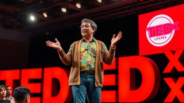 Enthusiastic TEDx Global Idea Search speaker in vibrant attire on stage.