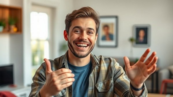 Young man demonstrating Notion features with a smile.