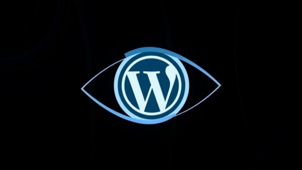 Minimalist eye graphic with WordPress logo on dark background.