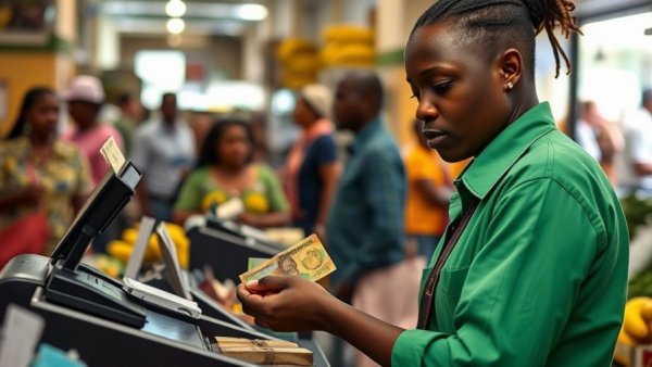 Cashier handling Zimbabwean currency as inflation drops.