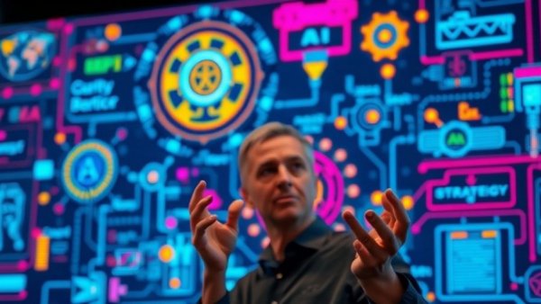 AI-powered cyber attacks concept with man and digital neon diagram.