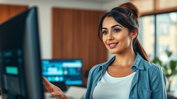 AI video creation tools for kids presented by a woman in an office.