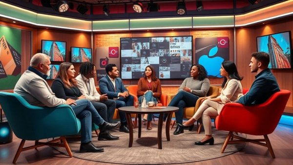 Panel discussion on shifts in creator funding with diverse group in vibrant studio.