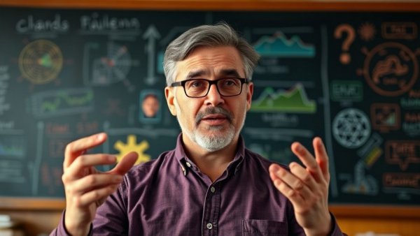 Middle-aged man discusses AI policy and governance with vibrant diagrams.