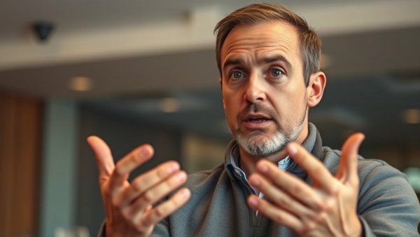 Engaged man explaining, highlighting hometown influence on identity.