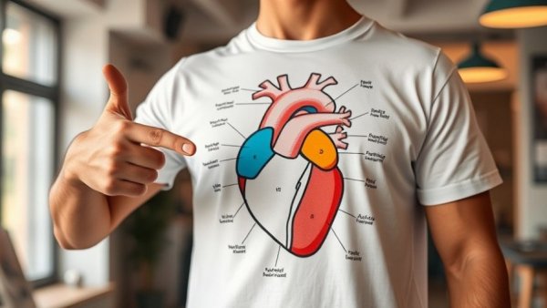 Illustrated heart anatomy on t-shirt, heart blood flow diagram.