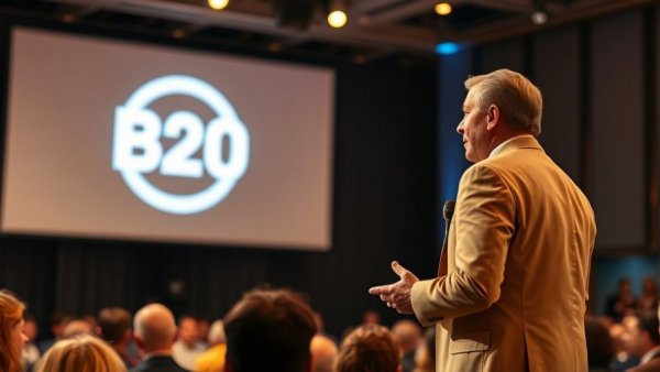 B20 Summit 2023 speaker discussing trade and job creation.