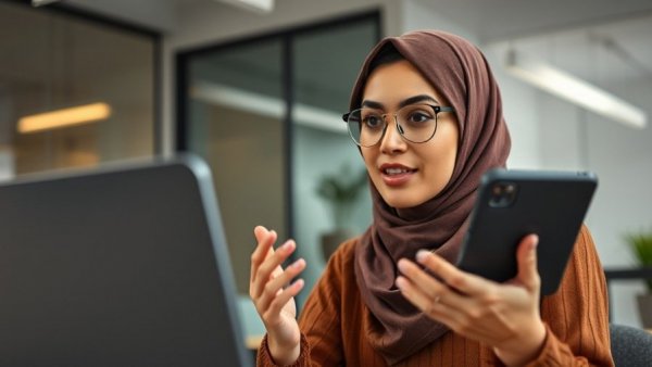 Confident woman discussing ChatGPT customization strategy in an office setting.