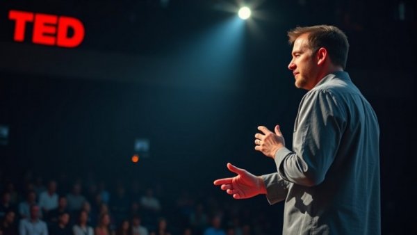 Speaker passionately delivering TED talk on social media and young minds.