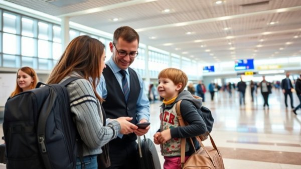 Friendly airport security assisting child at modern terminal, inclusive travel.