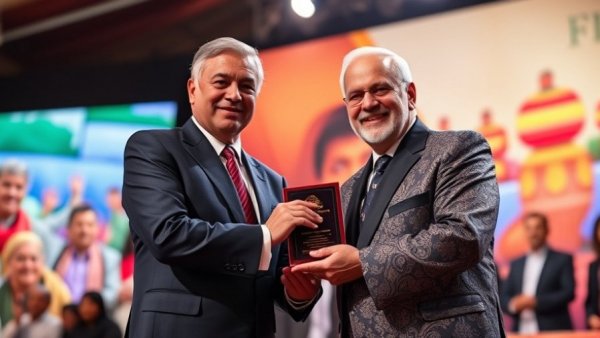 Duke of Edinburgh's International Award Nigeria ceremony with two men sharing an award on stage.