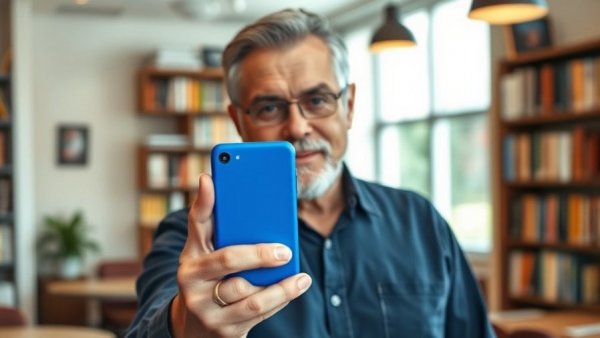 Middle-aged man showcasing productivity gadgets in a cafe.