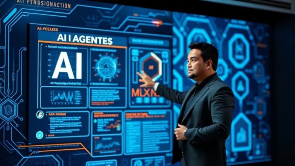 AI agents discussion with presenter and digital AI graphics background.