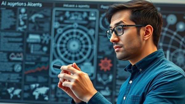 Focused individual presenting AI agents, highlighting policy relevance.