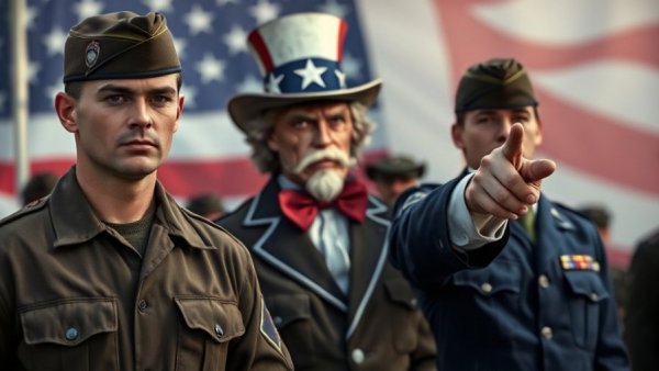 Patriotic depiction of American military recruits and Uncle Sam symbolizing US war history.