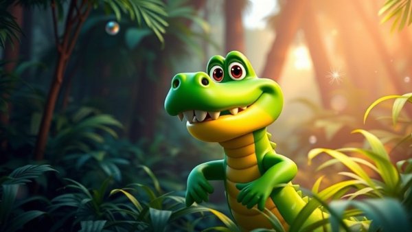 Silly Crocodile in cartoon forest setting, vibrant 3D style.