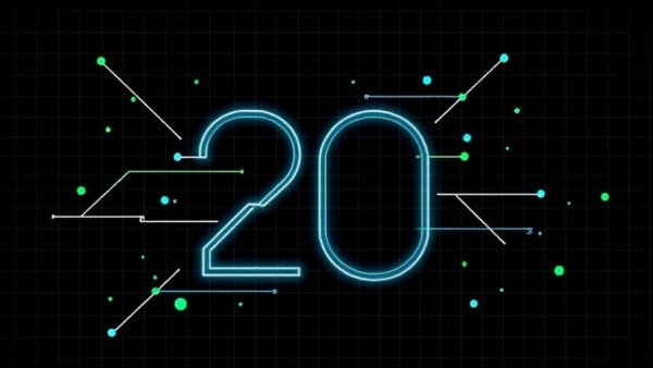 Abstract design celebrating 20 Years of WordPress.com with digital elements.