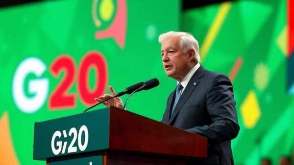 Speaker at G20 podium discussing trade and commerce in Africa.