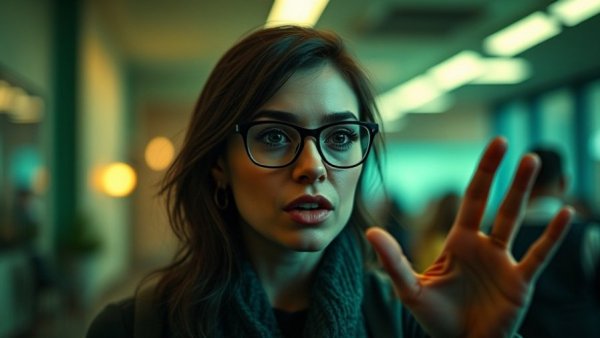 Costume Design Impact on Storytelling: Woman with green makeup gesturing dramatically.