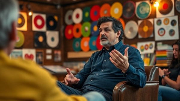 Engaging speaker discussing finding community and belonging, cozy setting.