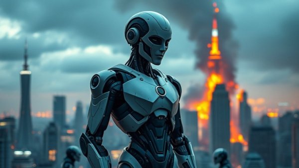 AI for business: futuristic robot amidst fiery cityscape, conceptual art