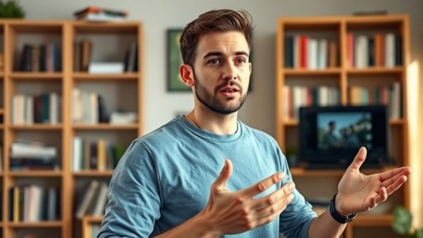 Casual young man explaining video editing consistency.