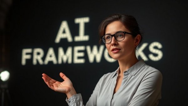 Woman discusses AI policy and governance for Africa with illuminated text backdrop.