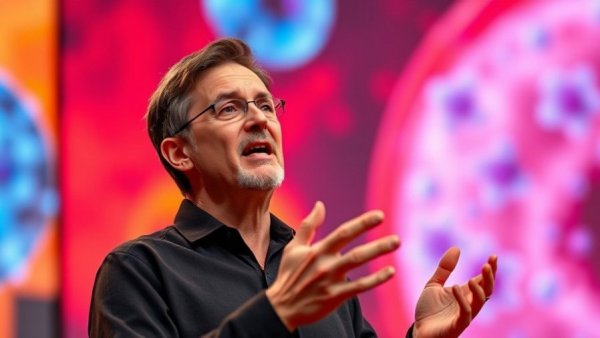 Speaker discussing cellular communication at TED Talk on miniproteins in medicine.