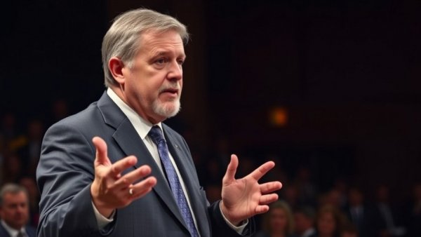 Man discussing solutions in polarized US politics setting.