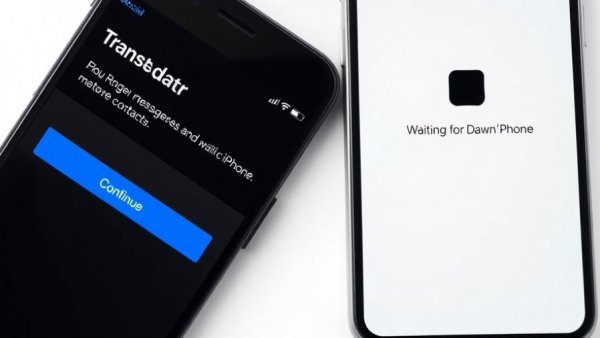 Transferring files from Android to iPhone interface on two smartphones.