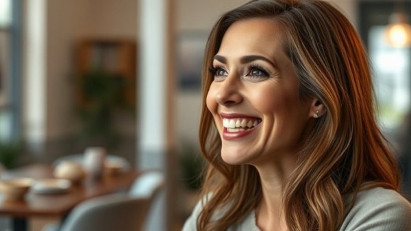 Woman speaking in a natural setting, conveying engagement and enthusiasm.