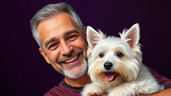 Mature man holding a fluffy white terrier, smiling indoors.