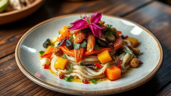 Vibrant indigenous foods artfully presented on ceramic plate, soft lighting.