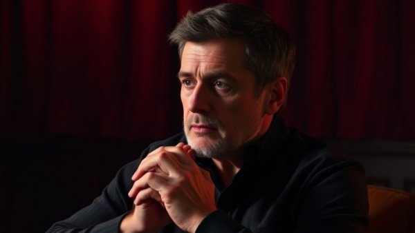 Thoughtful person in discussion on morality topic, dark background.