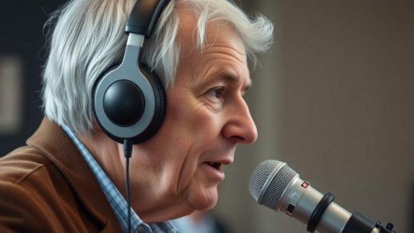 Older individual speaking into a microphone inside a studio, conveying focus and engagement, illustrating strategies to retain information faster.