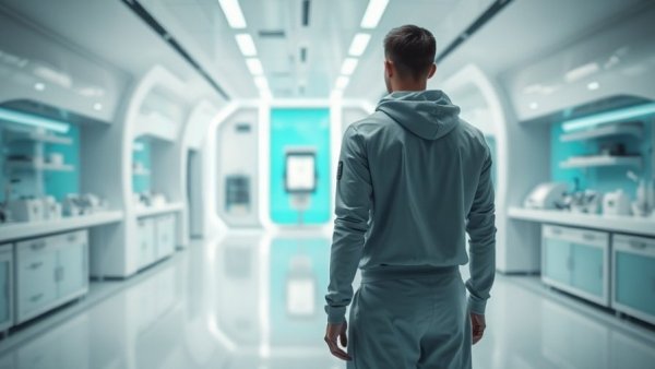Futuristic lab with person contemplating, Artificial General Intelligence and Healthcare context.