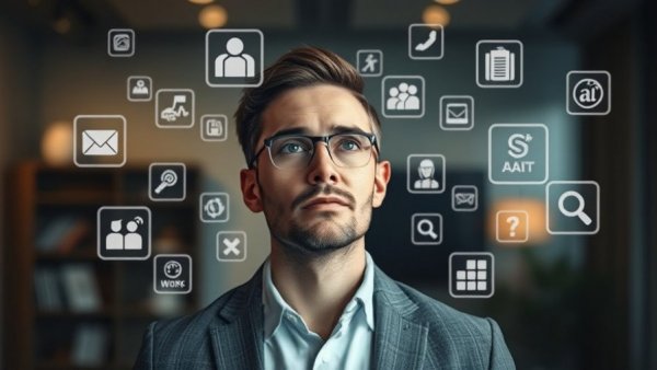 Man in tech room with AI tools icons, contemplating.