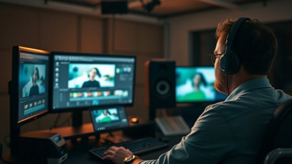 Focused person editing video in a dimly lit studio, working intently.