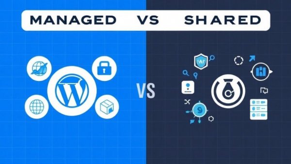 Managed vs shared WordPress hosting comparison graphic.