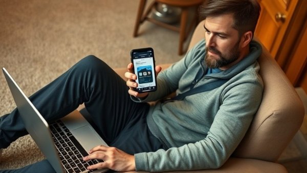 Freelancer using smartphone for stablecoin payments, next to laptop.