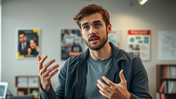 YouTube Journey and Productivity: Casual man discussing in an office.