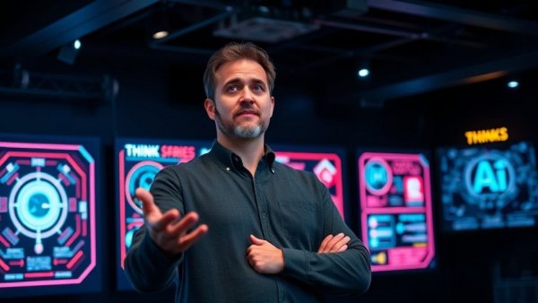 Confident presenter discussing AI Agents with neon backdrop.