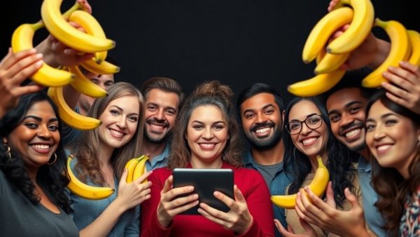 Diverse group in technology event, related to AI Africa film makers and developers, with bananas and digital elements.