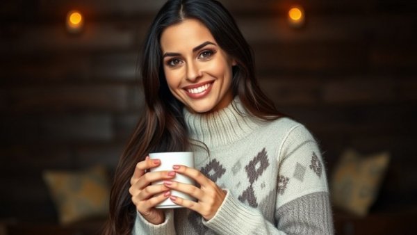 Smiling woman indoors holding a coffee cup in a cozy setting.